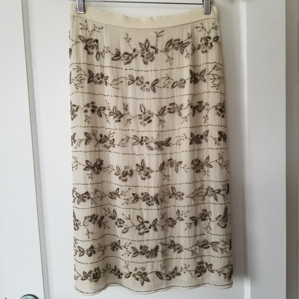 Badgley Mischka Beige Beaded Midi Skirt
